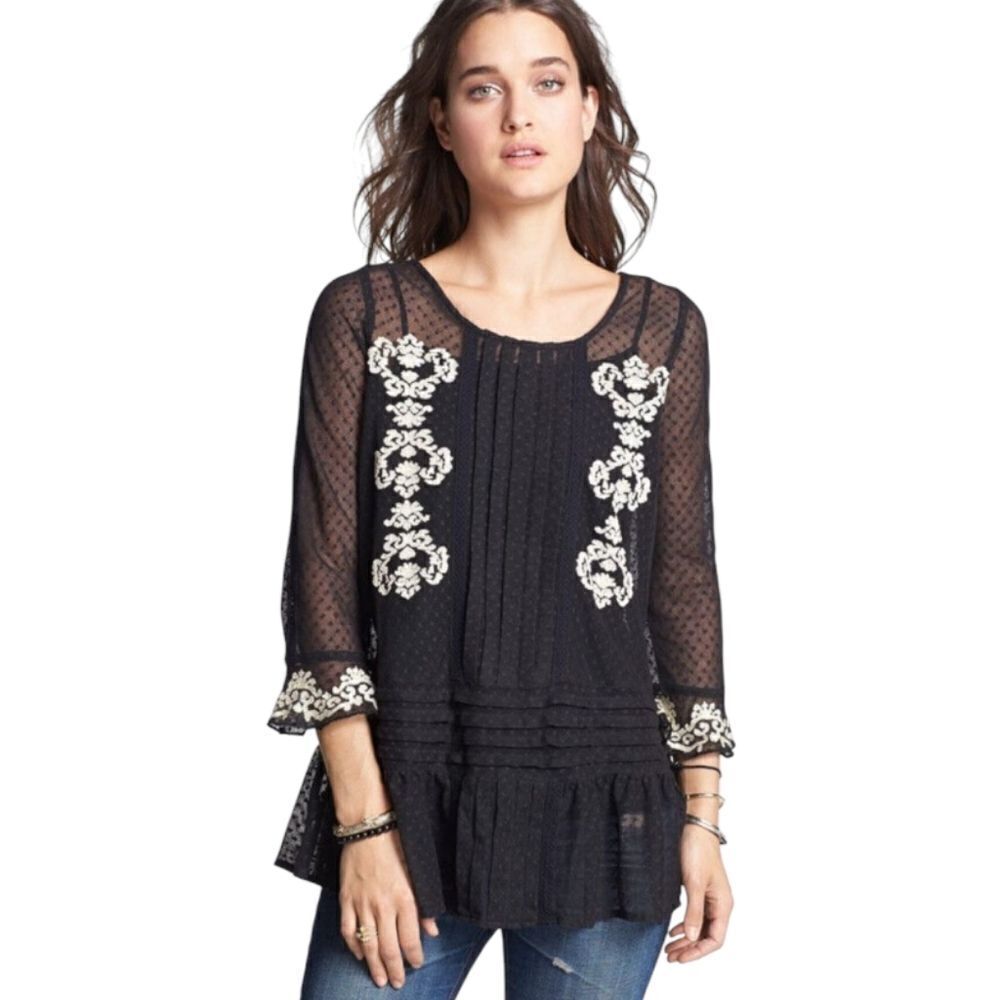 Free People Jocelyn Victorian Style Lace Tunic Top Gothic Swiss DotâSheer Mesh